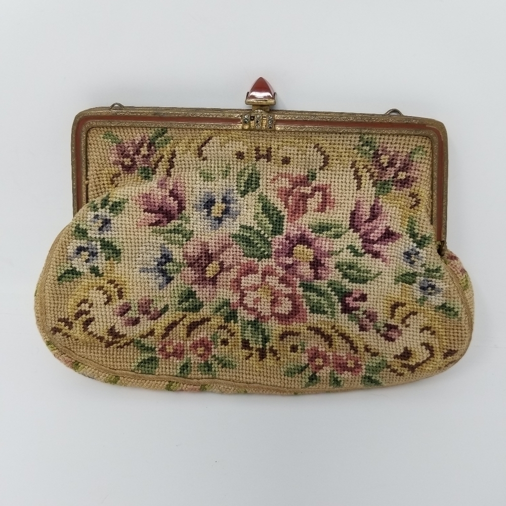 Purse Evening Bag Floral Antique Vintage Jeweled Kiss Lock Petite Point Grandma - Picture 11 of 15